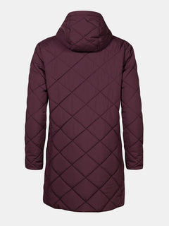 The Halti Haapa Quilted Coat Jacket Womens Plus is shown from the back in maroon with a hood, against a white background.