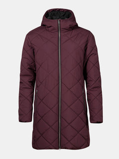 The Halti Haapa Quilted Coat Jacket Womens Plus features a hood, front zipper, and side pockets on a light background.