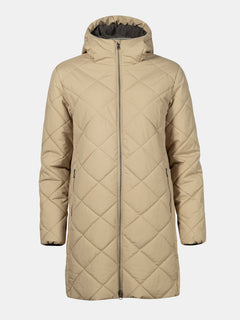 Halti Haapa Quilted Coat Jacket Womens Plus in beige with hood, front zipper, and long sleeves on white background.