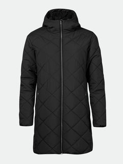 The Halti Haapa Quilted Coat Jacket Womens Plus features a hood, front zipper, and side pockets on a plain background.