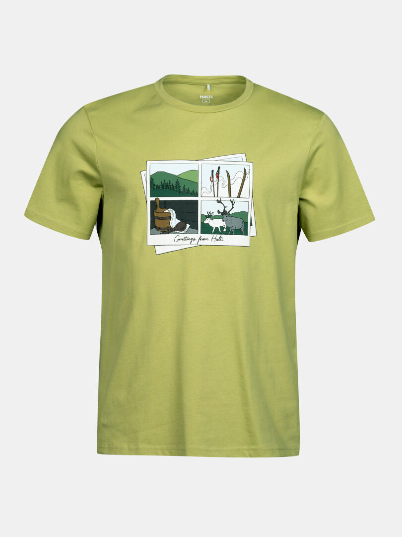 Halti Matka II Men's T-shirt: light green organic cotton, nature graphics, UPF 30+, 