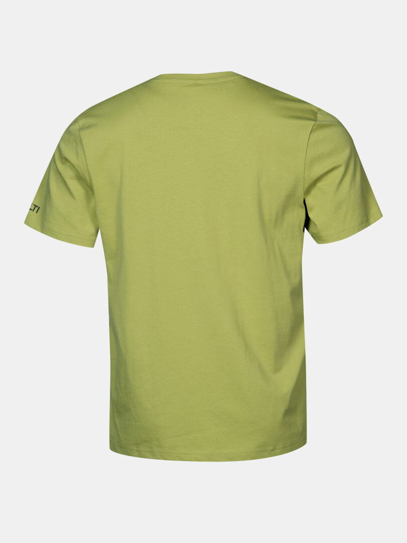 Back view of the Halti Matka II Men's T-shirt, plain light green organic cotton with UPF 30+, on a white background.