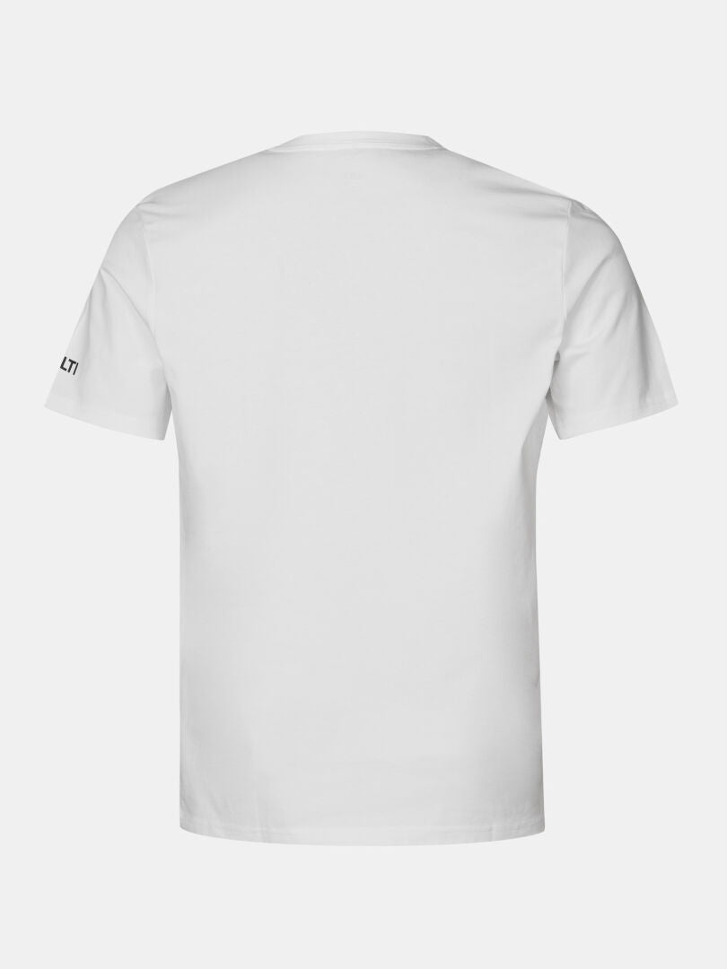 The Halti Matka II T-shirt Men's in white organic cotton, back view, with a small black logo on the left sleeve.