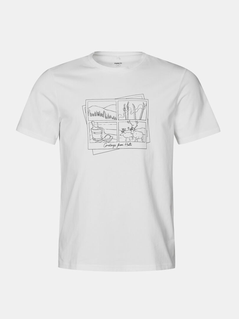 Halti Matka II Men's T-shirt: white organic cotton with minimalist postcard design. Made in Europe. Greetings from Italy.