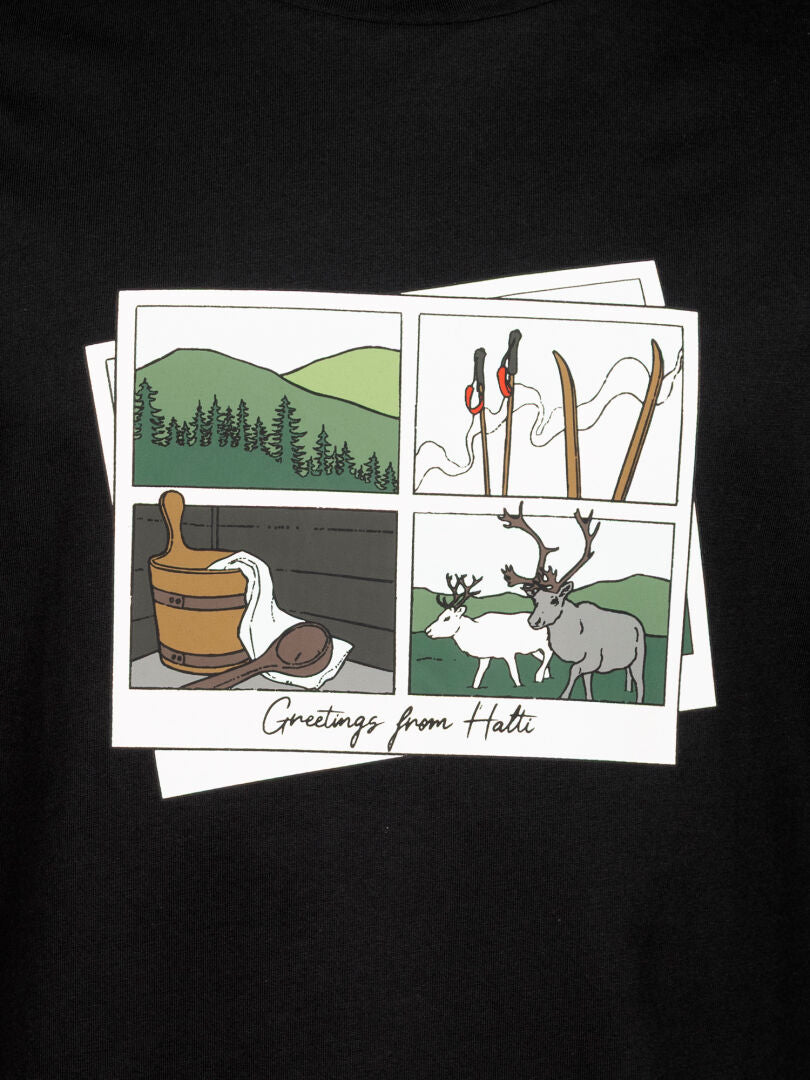 Halti’s Matka II T-shirt Men’s features mountain, ski, sauna bucket, and reindeer prints. Greetings from Halti.