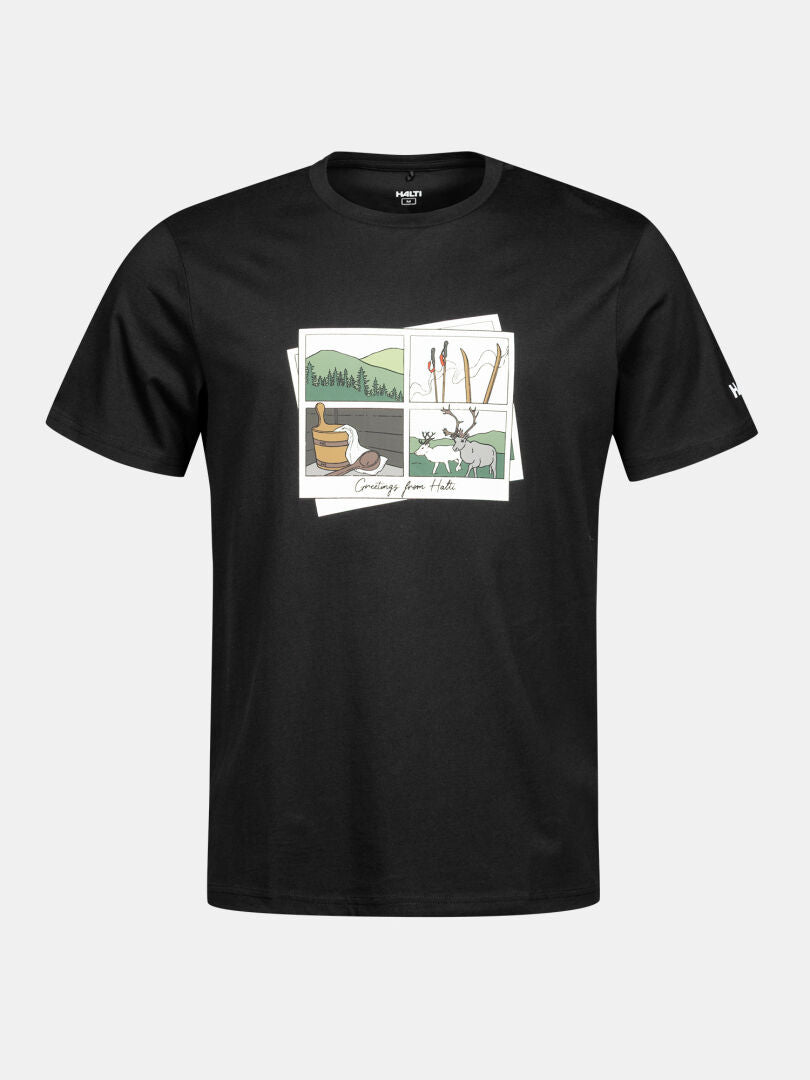 Halti Matka II Men’s black t-shirt, 100% organic cotton with hiking cartoon, lakeside view, deer & 