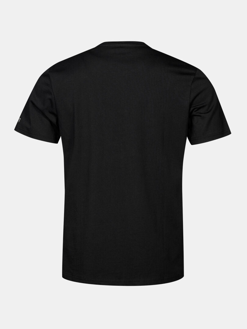 Back view of Halti Matka II men's black organic cotton t-shirt with UPF 30+ on a light gray background.