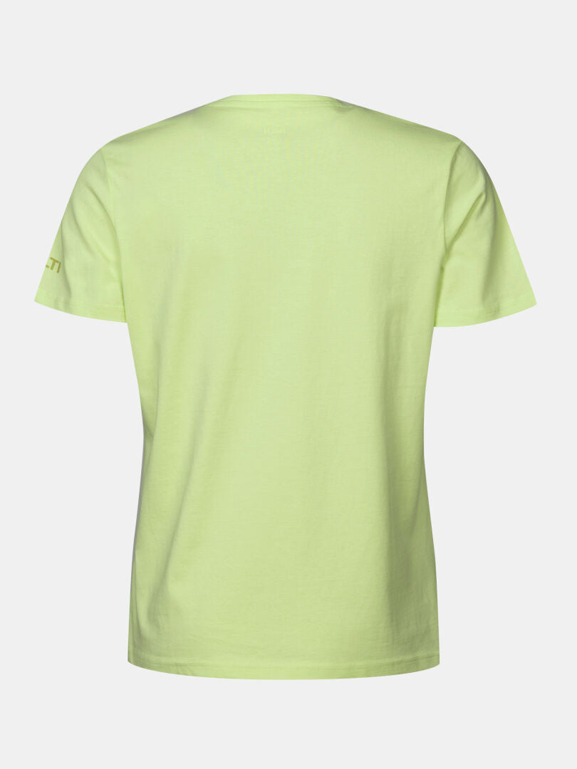 The Halti Matka II T-shirt Women's in plain light yellow organic cotton, back view, on a white background.