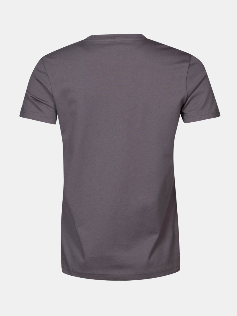 The Halti Matka II Women's T-shirt, in gray organic cotton, features short sleeves and is shown from the back on white.