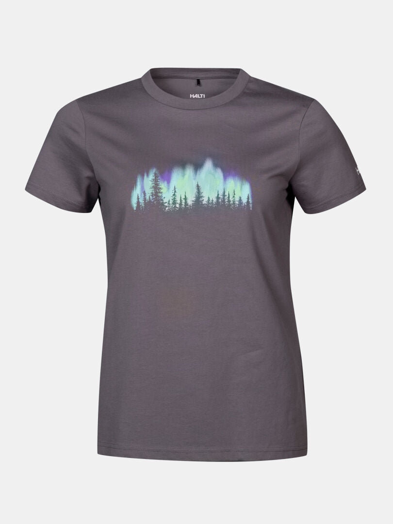 Halti Matka II Women's T-shirt: gray, short-sleeved organic cotton with trees & northern lights graphic, made in Europe.