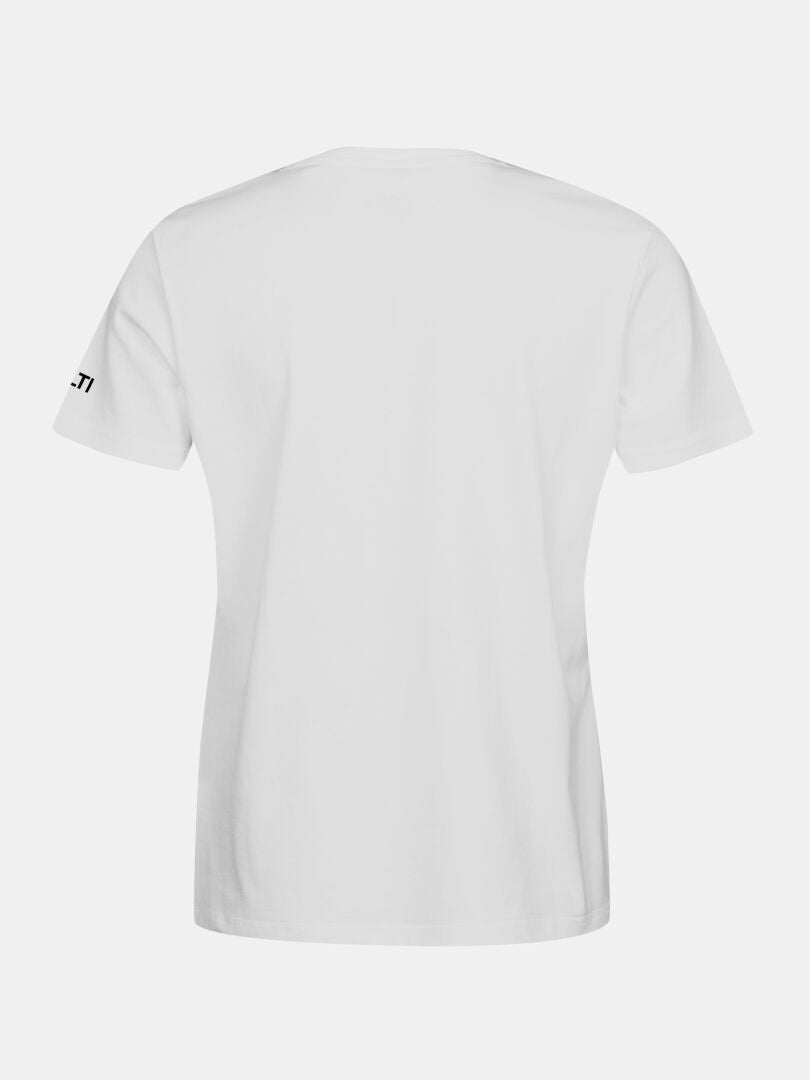 Back view of Halti Matka II Women's organic cotton t-shirt featuring small black text detail, made in Europe.