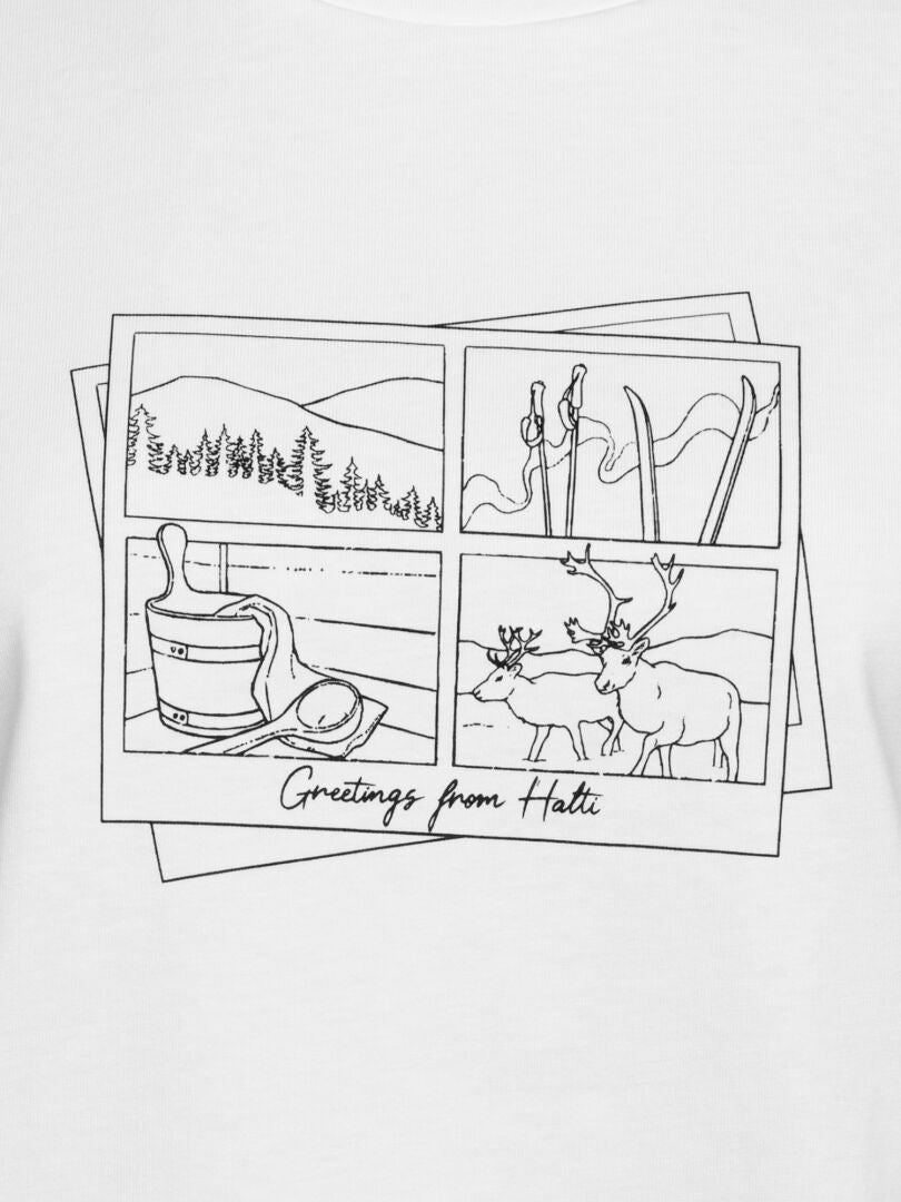 Black-and-white drawing on Halti's Matka II T-shirt Women's, organic cotton, with skis, reindeer & snowy trees. Made in Europe.