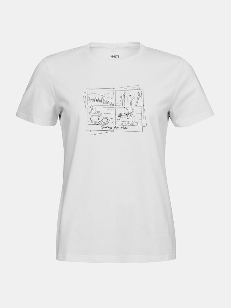 Halti Matka II Women's T-shirt: white, organic cotton, short-sleeved, line drawing & 