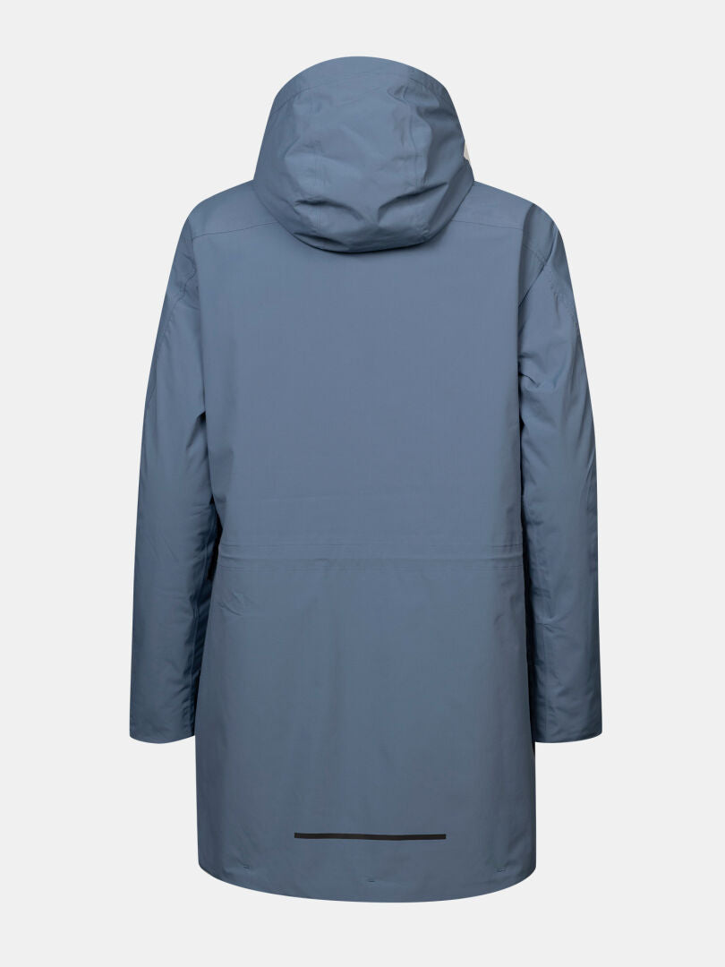 Halti Kortteli DX Insulated Parka Women’s—blue, hooded, long sleeves, black hem stripe, back view.