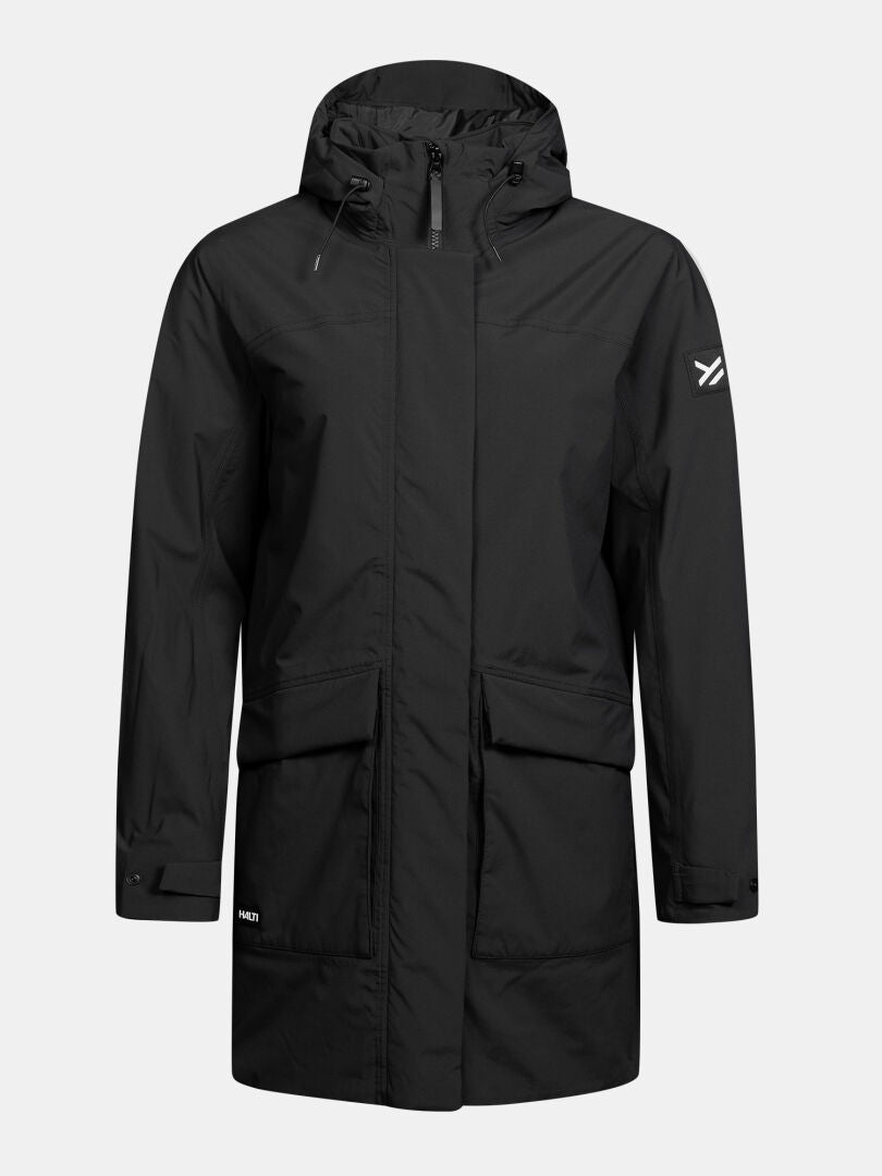 Halti Kortteli DX Insulated Parka for women: black, hooded, front zipper, flap pockets, lightweight weather protection.