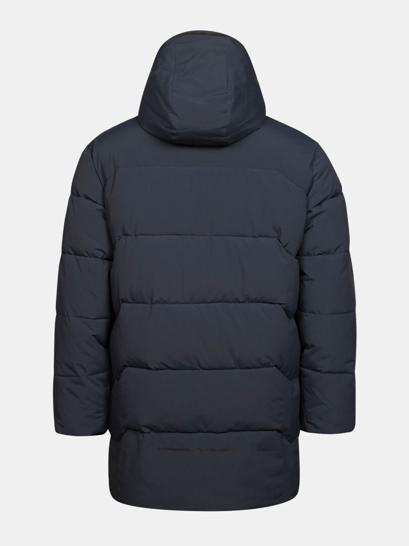 Halti Brahe Puffer Parka Men’s with hood, shown from the back on gray; perfect as a winter jacket.