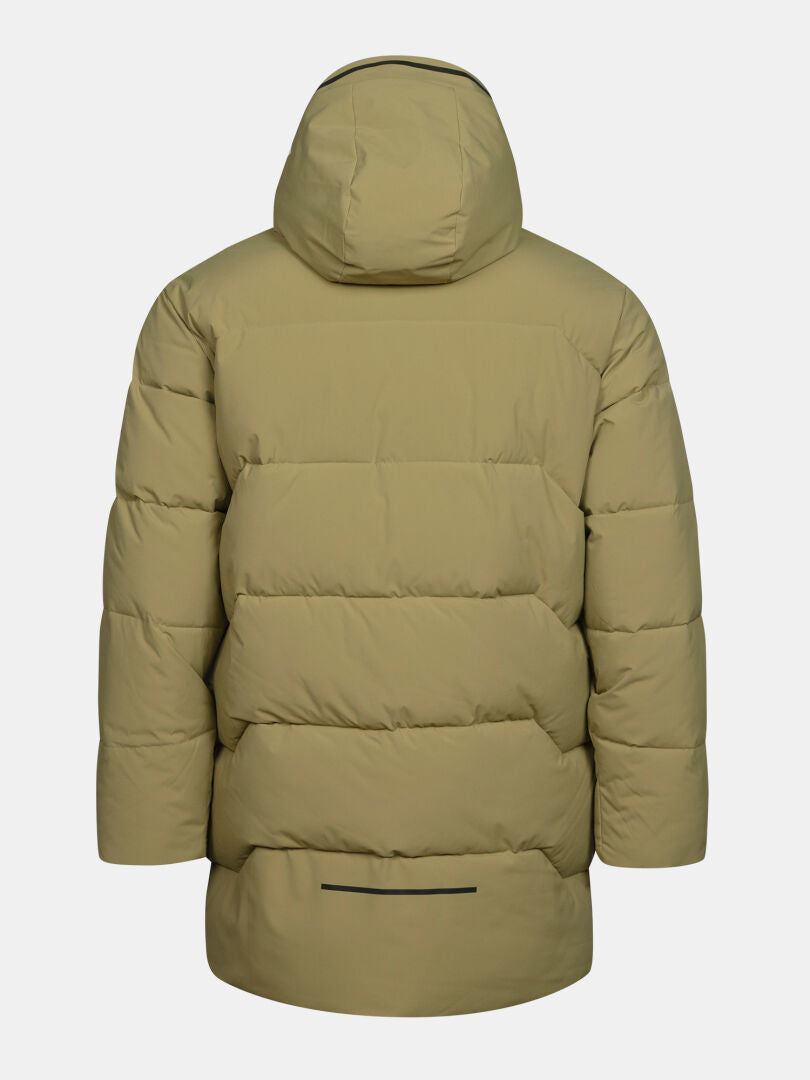 Halti Brahe Puffer Parka Men’s in khaki with hood, displayed from the back on a plain white background.