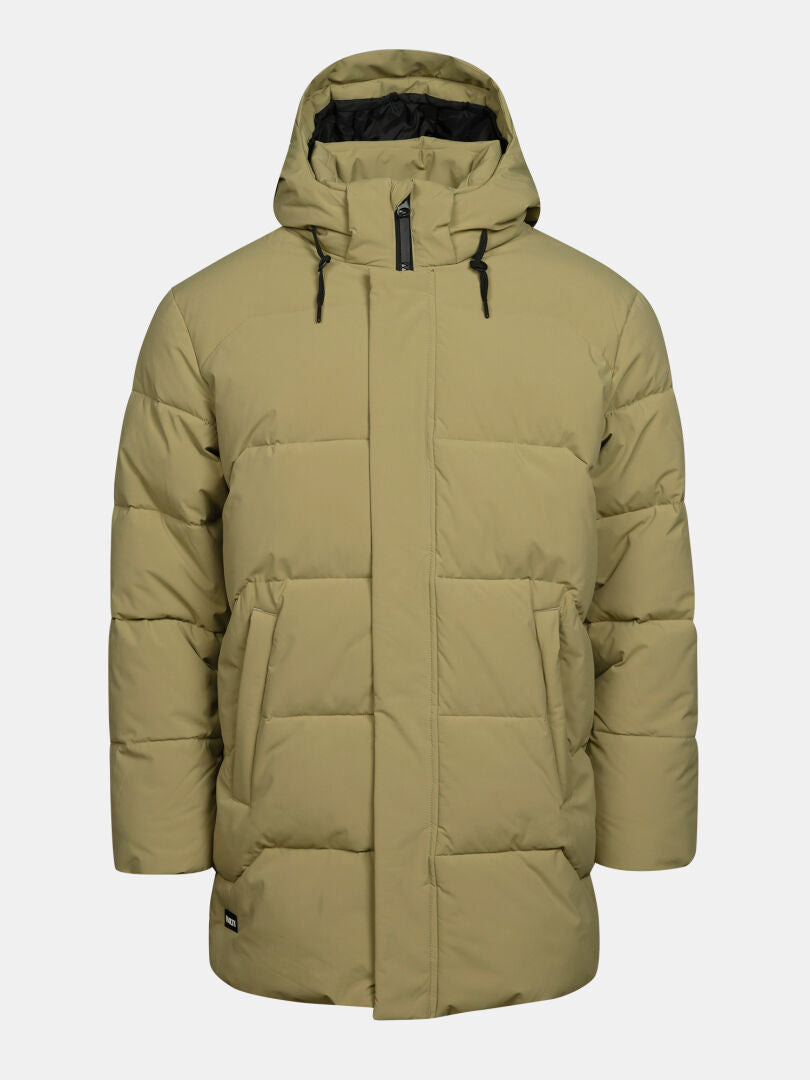 Halti Brahe Puffer Parka Men’s: khaki, hooded, zip front, pockets, quilted for warm and weather-resistant comfort.