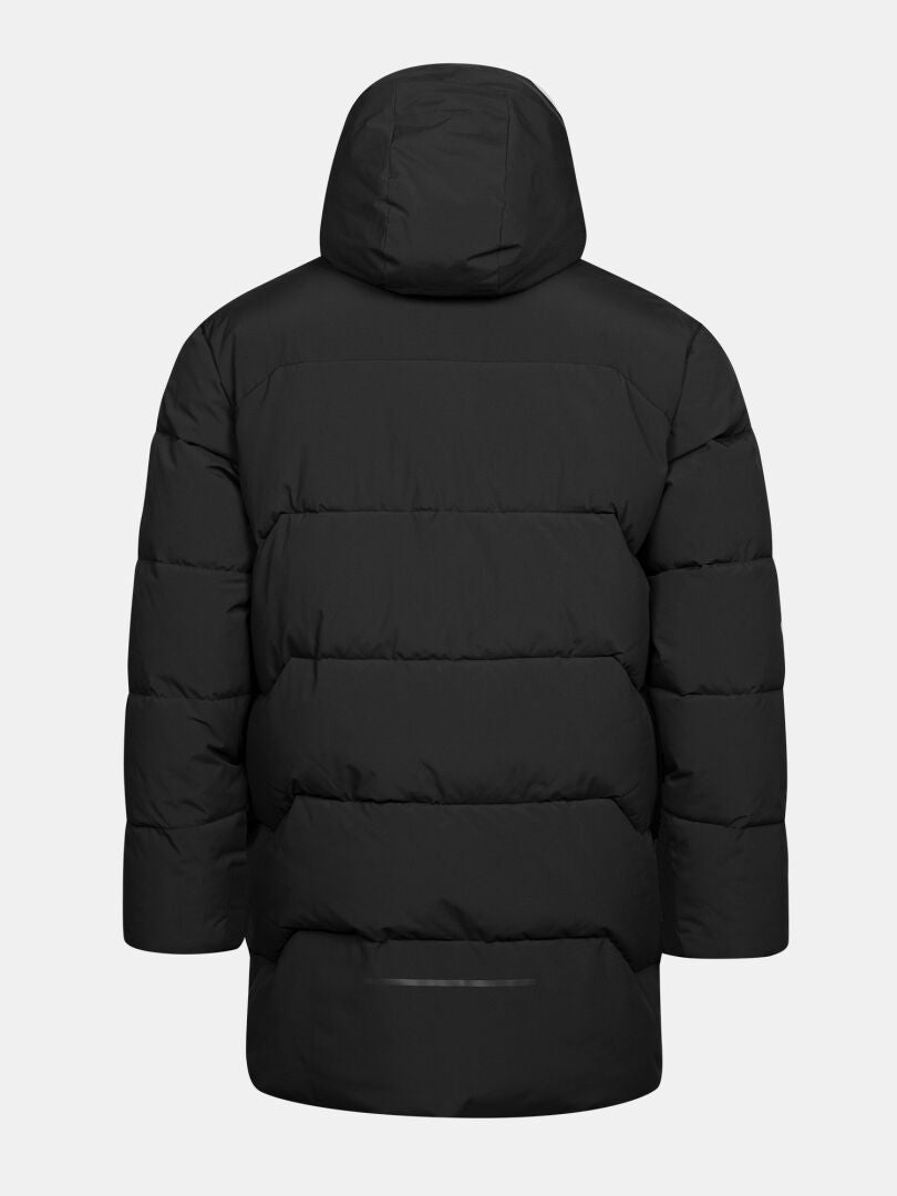 Halti Brahe Puffer Parka Men’s shown from the back; stylish, weather-protective black jacket on white background.