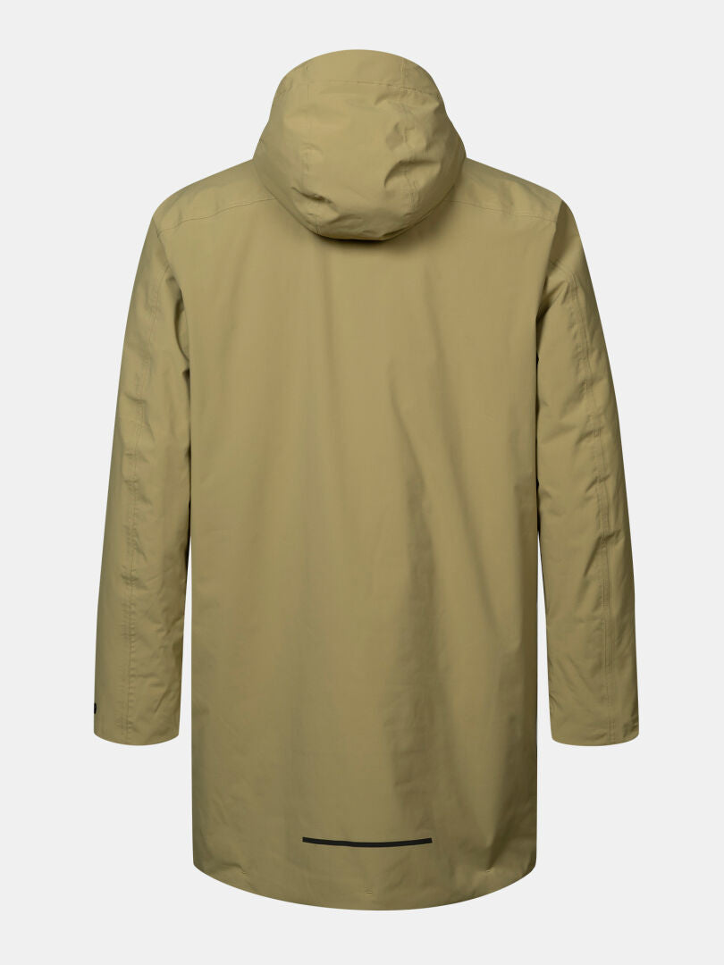 The Halti Kortteli DX Insulated Parka Men’s, khaki with hood, is shown from the back on a white background.