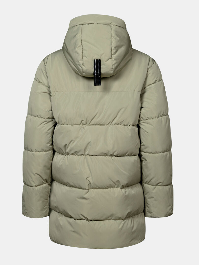 Halti Leinikko Puffer Parka Women’s in light green, hooded, back view shown on white background.