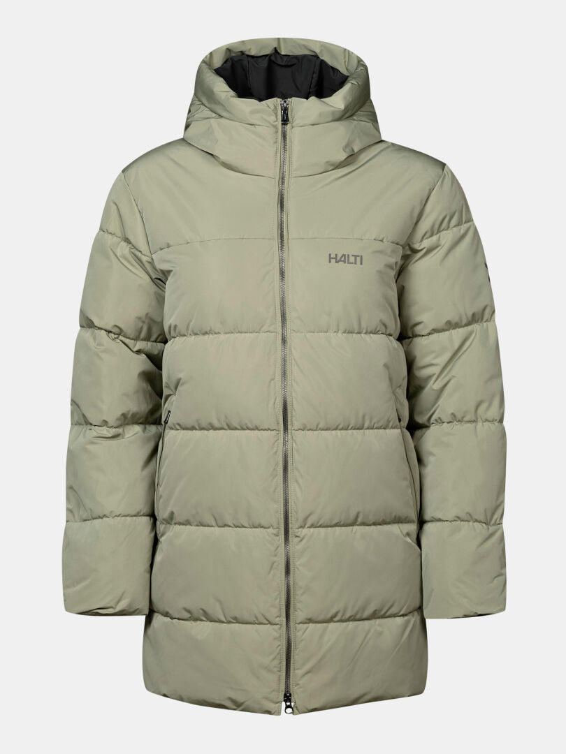 Halti Leinikko Puffer Parka Women’s in light green, hooded, zip-front, with logo on left chest, shown plain background.