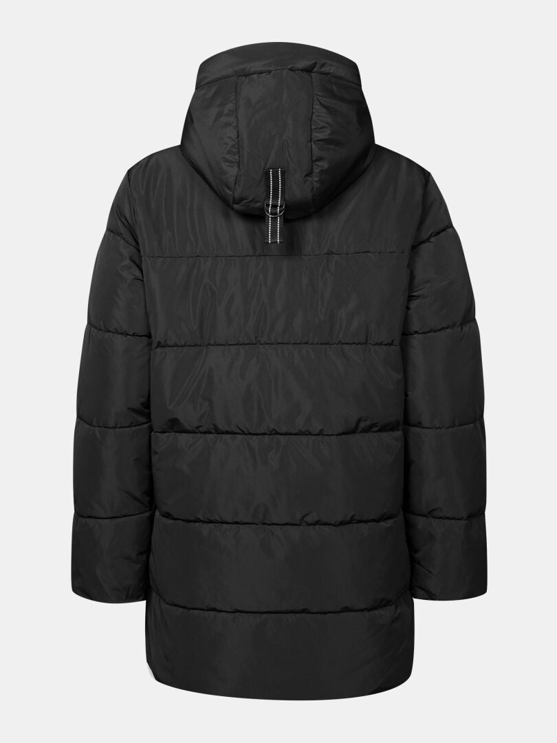 Back view of Halti Leinikko Puffer Parka Women’s—black, hooded, horizontal quilting, tag loop on the hood.