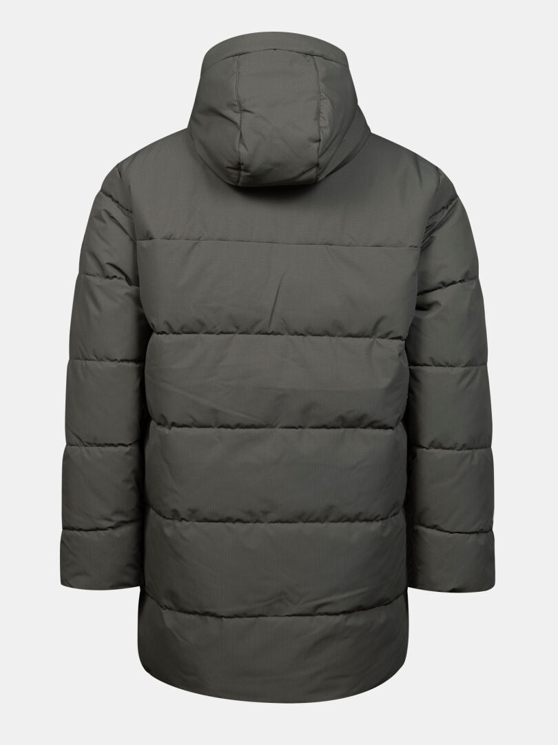 Halti Kaimoa Insulated Jacket Men’s in dark green with hood, back view on plain white background.