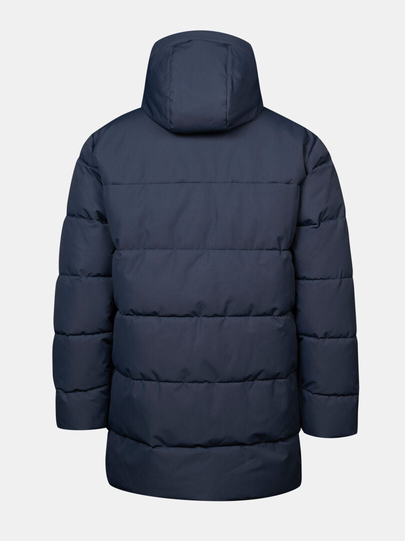 Halti Kaimoa Insulated Jacket Men’s in navy blue, hooded, waterproof; shown from the back on white background.