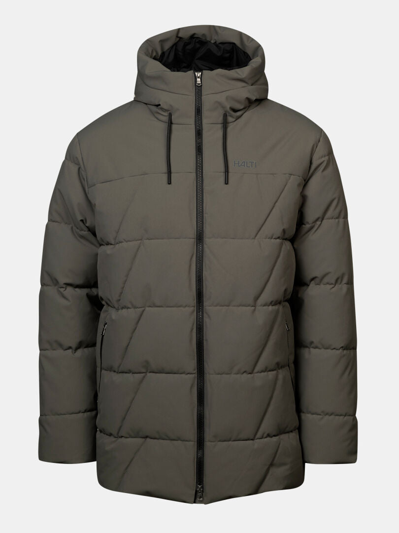 Halti Forska Insulated Parka Jacket Men’s—olive green, hooded, zip pockets, front zipper, and logo.