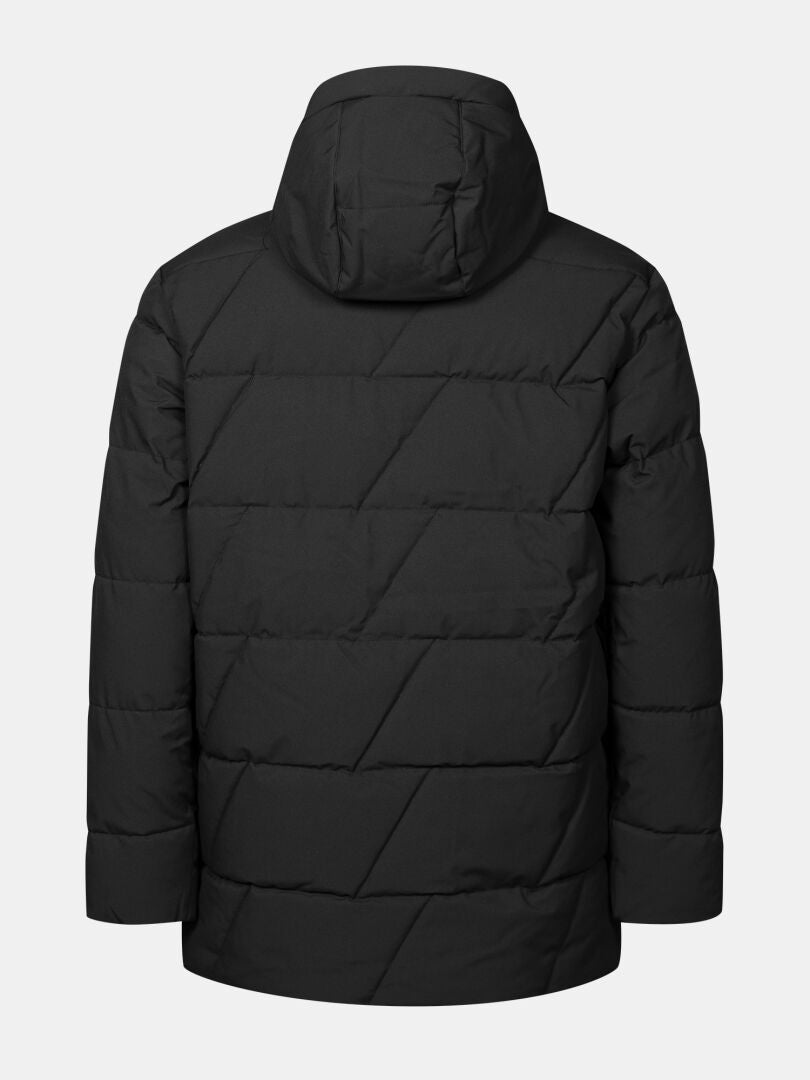 Halti Forska Men’s Insulated Parka, black, hooded; back view on a plain light background.