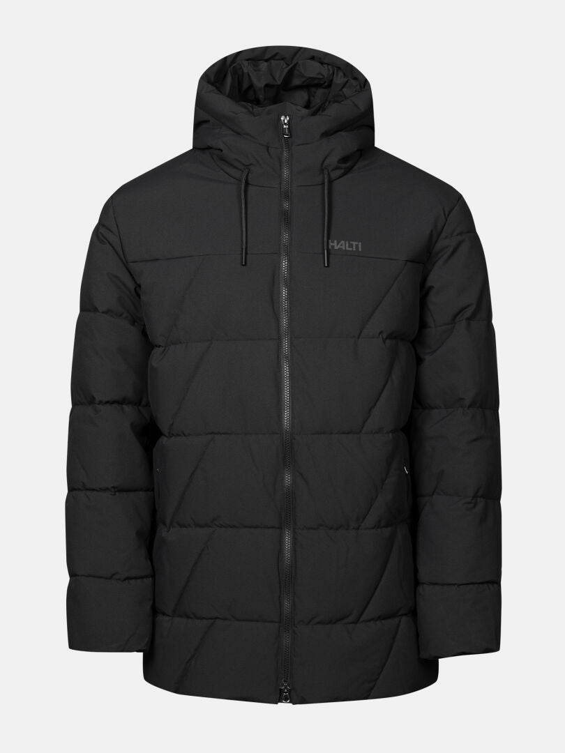 Halti Forska Insulated Parka Jacket Men’s with hood, front zipper, and side pockets on a plain white background.