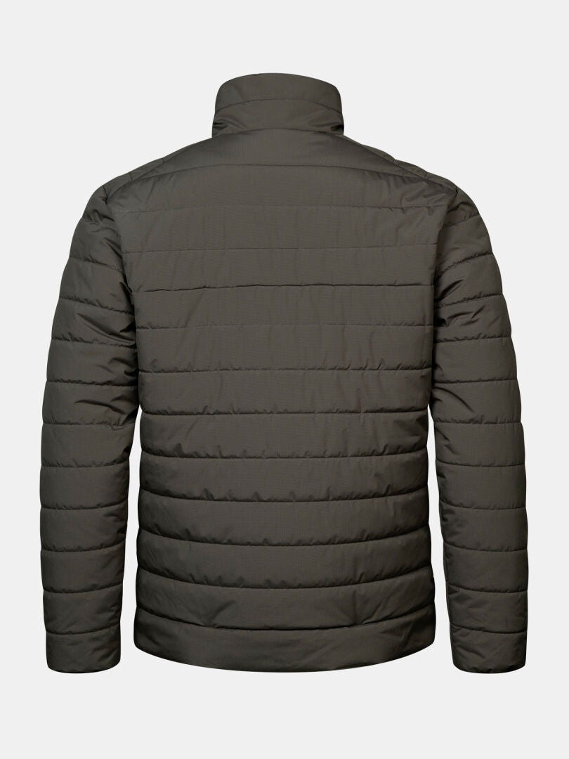 The Halti Rehia Insulated Jacket Men’s in dark gray is shown from the back against a white background.