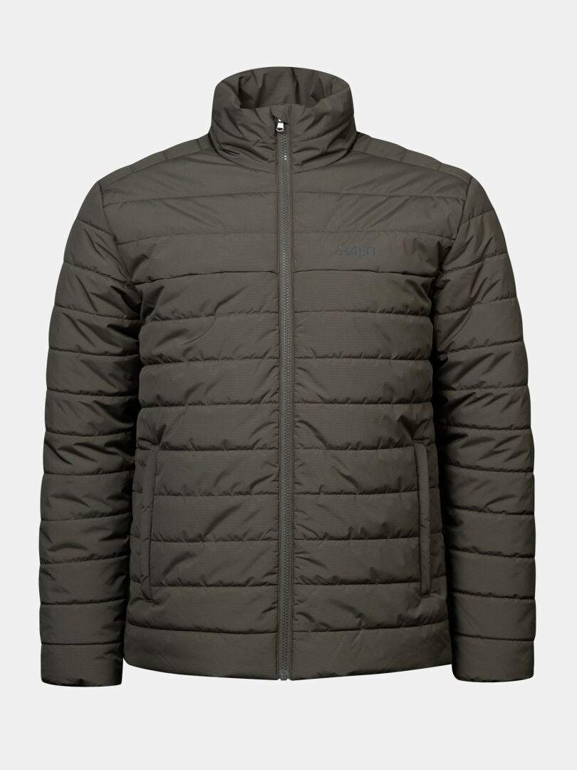 Halti Rehia Insulated Jacket Men’s in olive green with front zipper, high collar, and two side pockets.