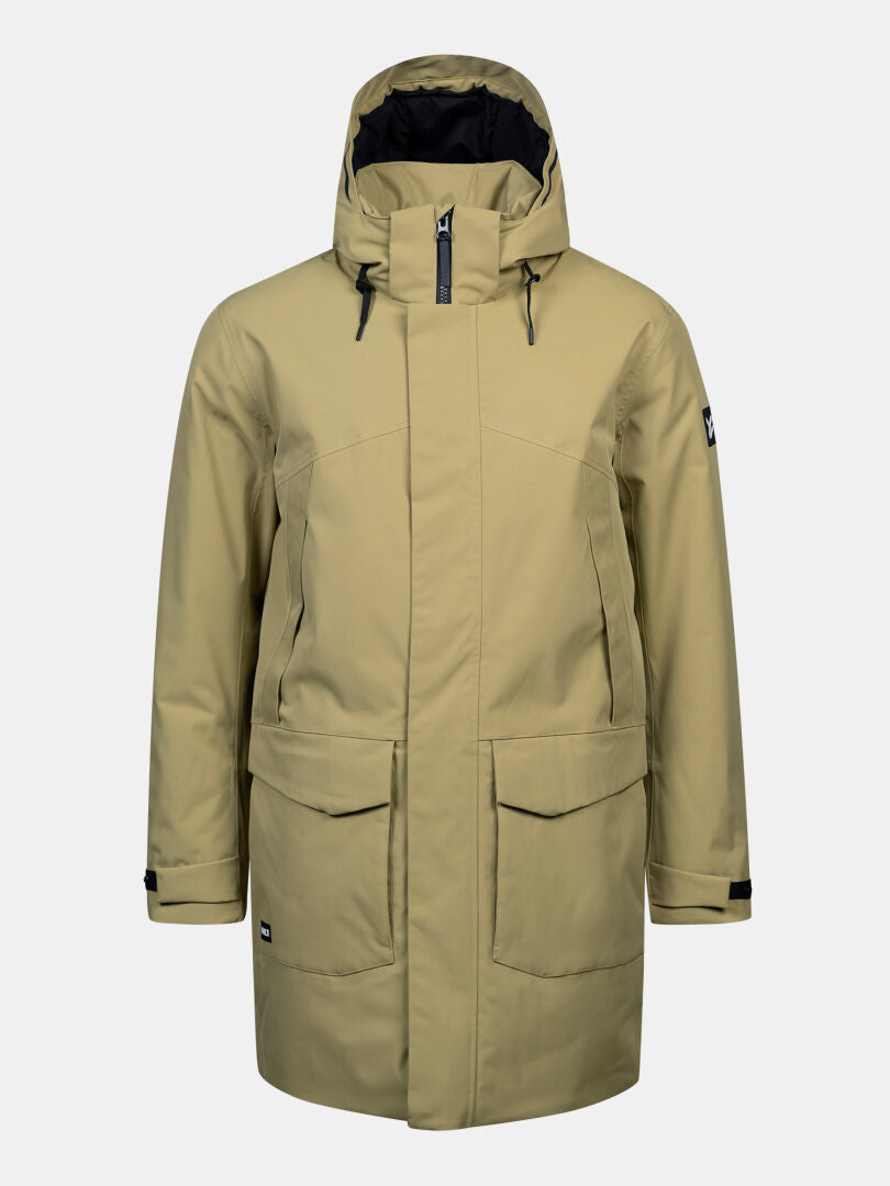 Halti Kallio DX Parka Men’s: khaki, DrymaxX fabric, zipper front, flap pockets, adjustable cuffs, sleeve patch.