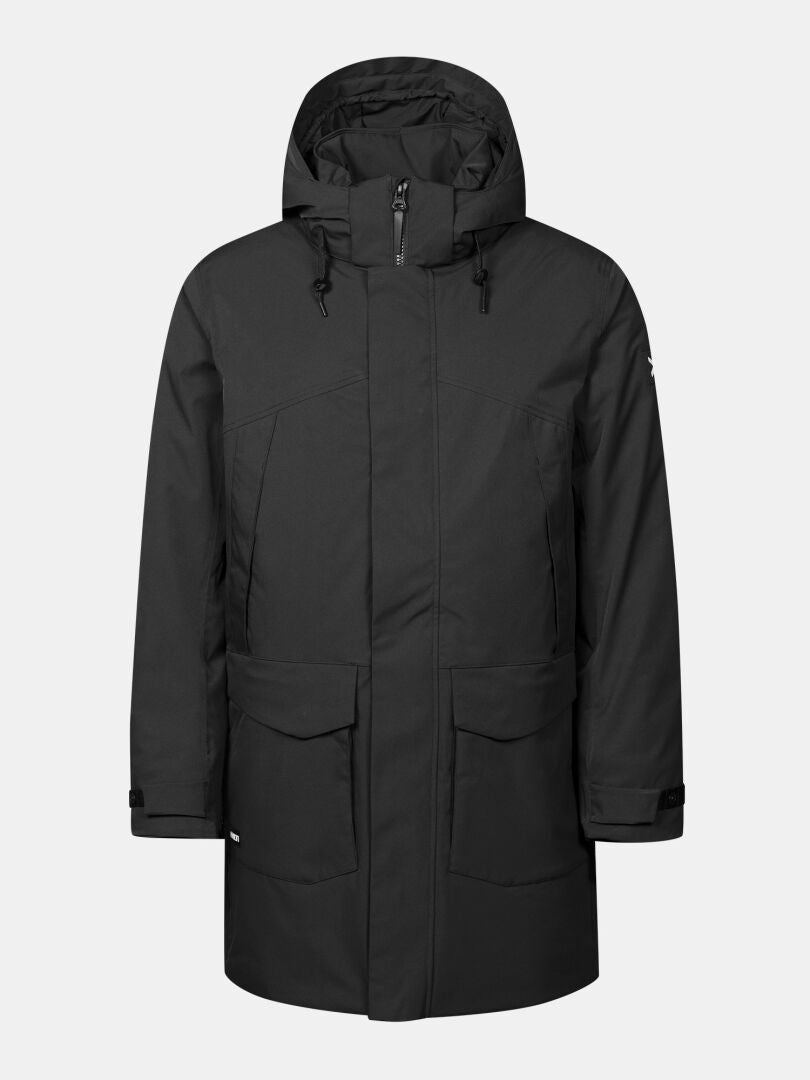 Halti Kallio DX Parka Men’s: black hooded winter coat with front zipper, flap pockets, and adjustable cuffs.