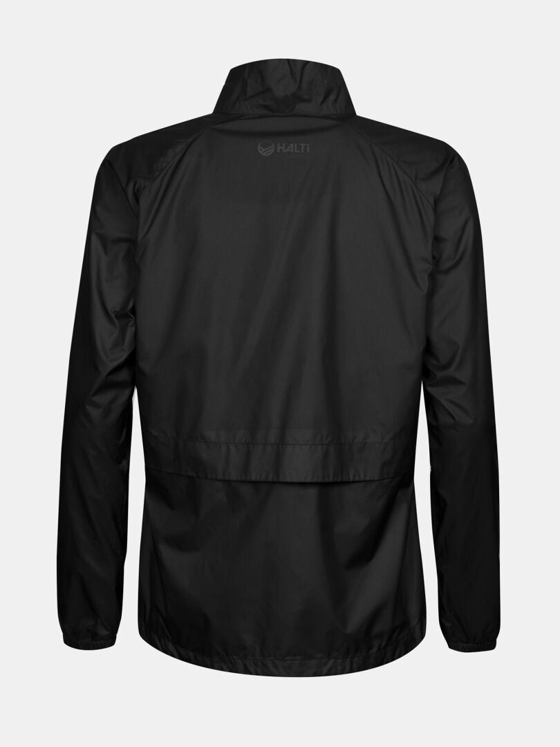 The Saime Windbreaker Jacket Women's Plus by Halti in black features long sleeves, high collar, and elastic cuffs—back view shown.