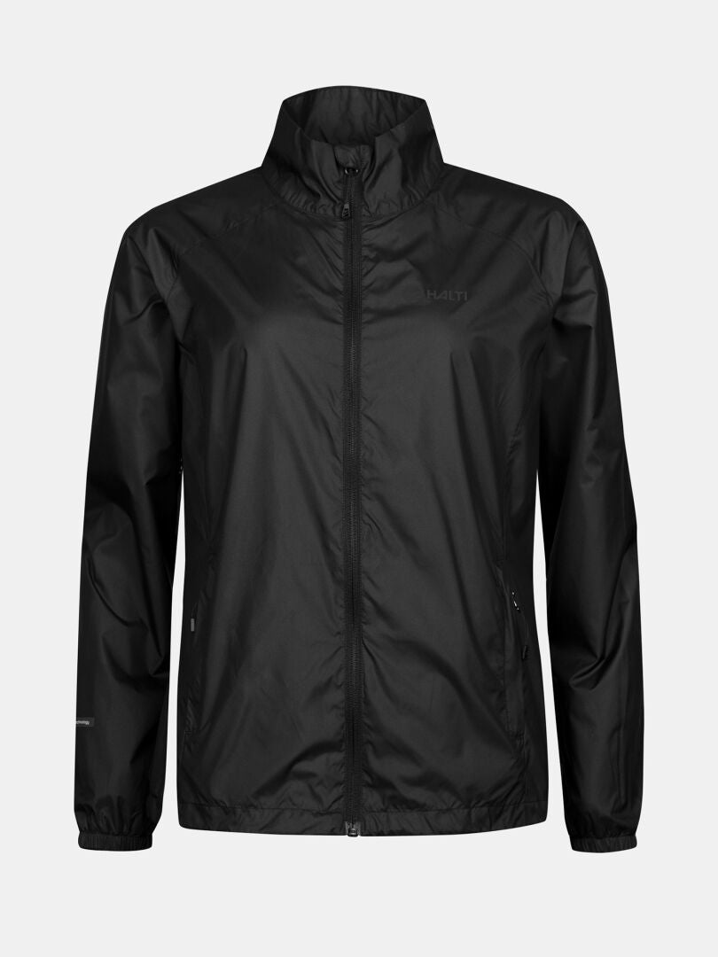 The Halti Saime Windbreaker Jacket Women's Plus in black features long sleeves, a high collar, and zip-up front.