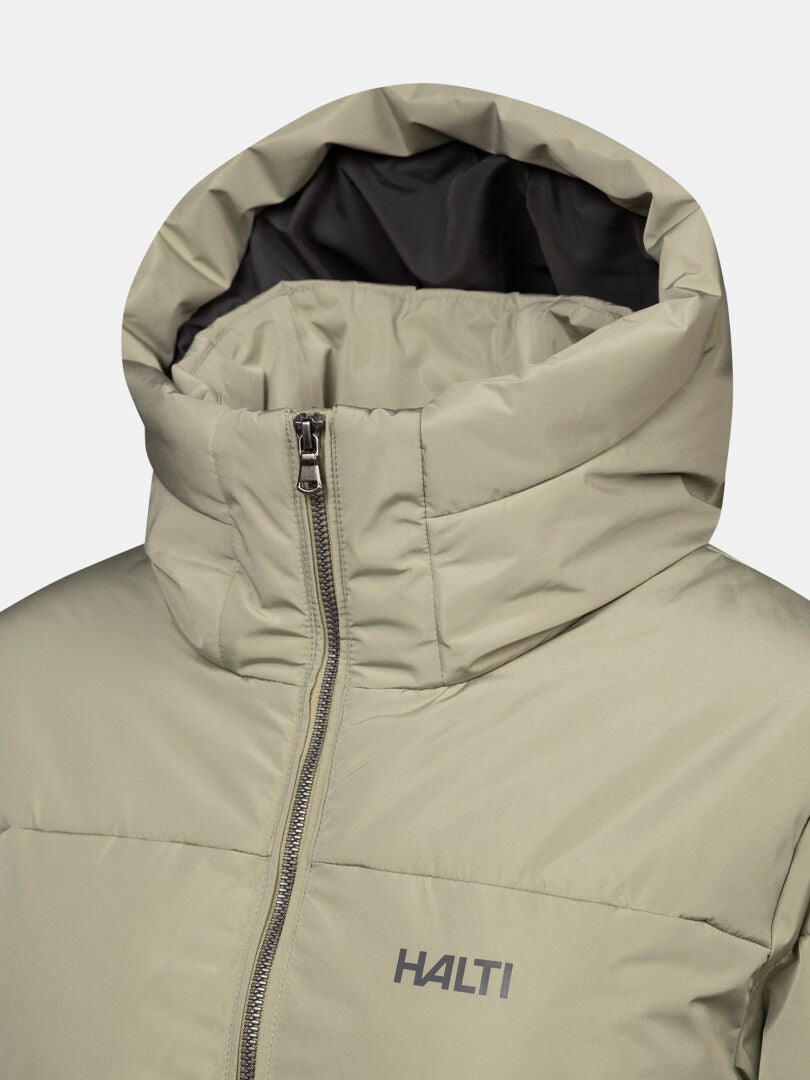 Halti Sammal II Insulated Parka: light beige, hooded, DrymaxX, front zip, HALTI chest logo, dark gray lining.