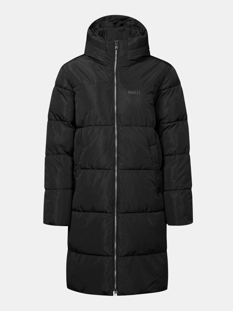 Halti Sammal II Insulated Parka Jacket Women’s, long black with hood and zipper, shown on light background.