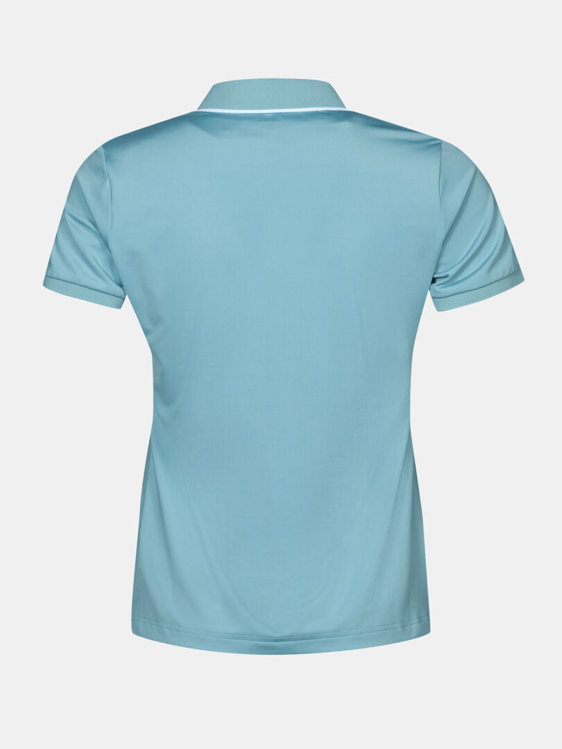 Halti Swingi Technical Polo Shirt Women's Plus in light blue, stretchy recycled polyester, back view on white.