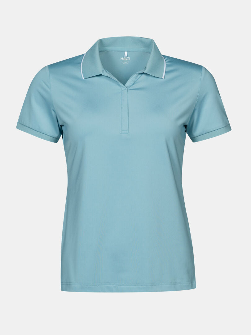 The Halti Swingi Technical Polo Shirt Women's Plus in light blue, made from stretchy recycled polyester, is ideal for summer.