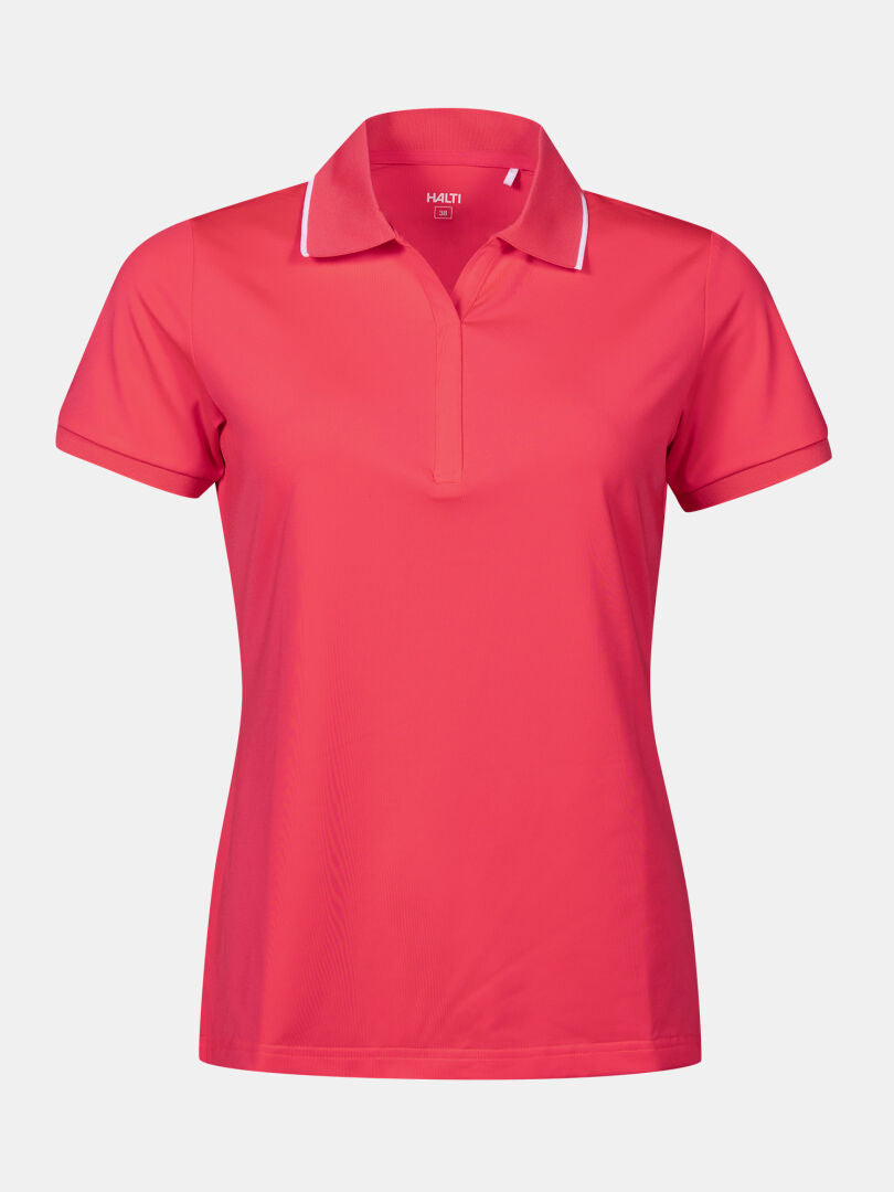The Halti Swingi Technical Polo Shirt Women's Plus is a stretchy, bright pink short-sleeve top ideal for summer activewear.