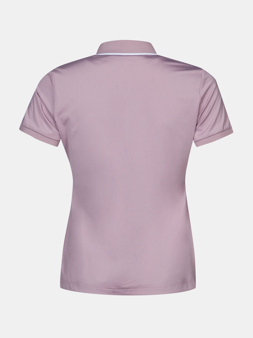 The Halti Swingi Technical Polo Shirt Women's Plus in light purple, short-sleeved, shown from the back on white.