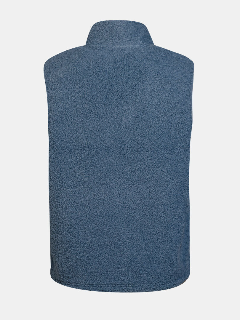 Back view of Halti Lykky Fleece Vest Unisex in blue, featuring a stand-up collar and recycled polyester for sustainability.
