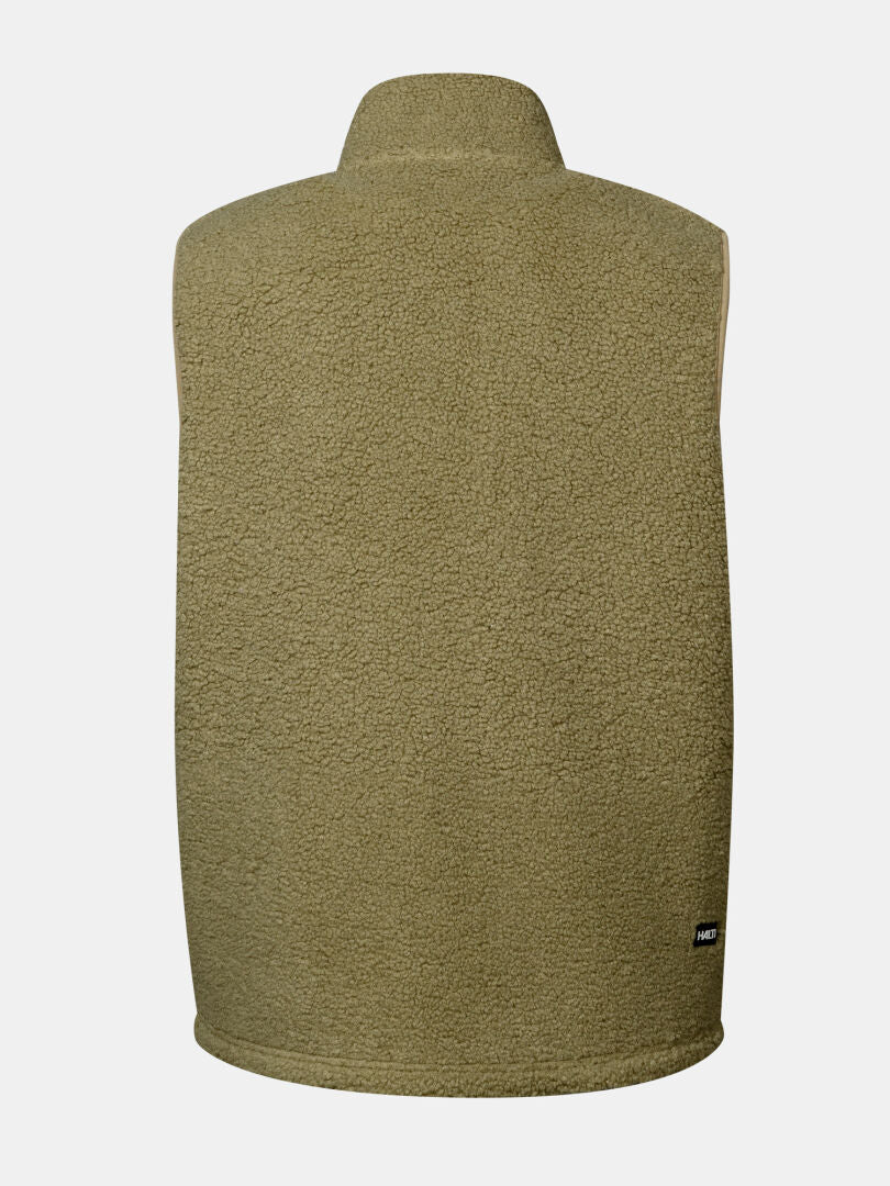 Halti Lykky Fleece Vest Unisex in khaki green recycled polyester, back view with stand-up collar and black logo tag.
