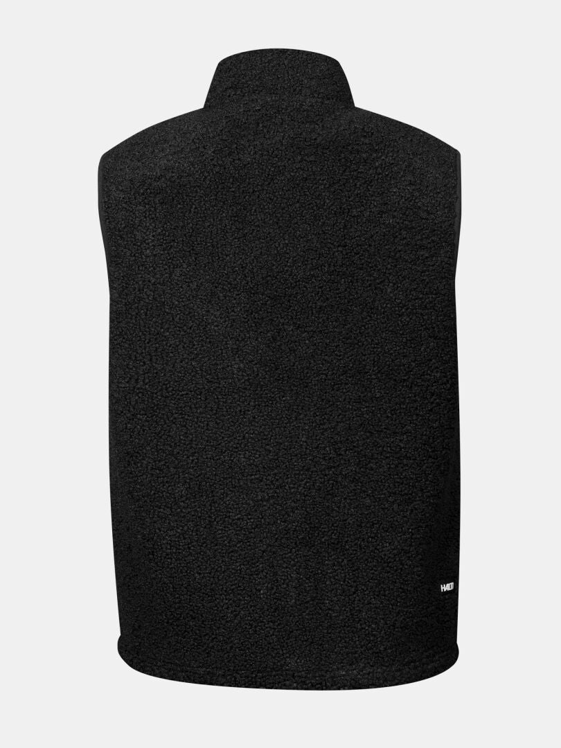 Back view of the Halti Lykky Fleece Vest Unisex in black, high collar, recycled polyester, on a plain light background.
