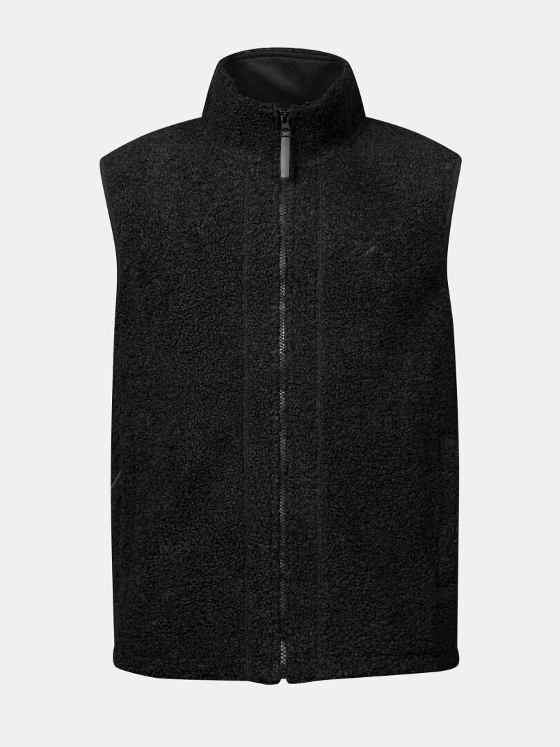 Halti Lykky Fleece Vest Unisex in black, high collar, recycled polyester; shown on light gray background.