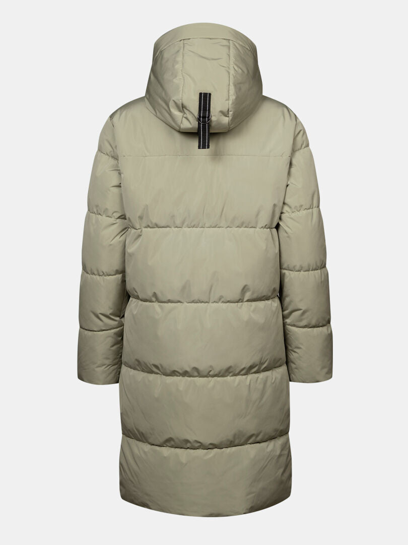 Halti Sammal II Women’s Plus parka, light olive, insulated with hood and horizontal quilted sections, back view.