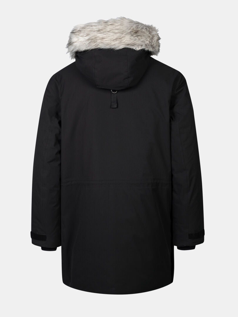 The Halti 1976 Down Parka Unisex, in black, features a fur-lined hood and is shown from the back on a light background.